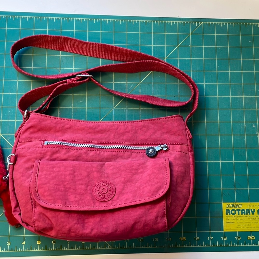 Kipling Syro Raspberry Red Crossbody Bag with Monkey KeyChain
